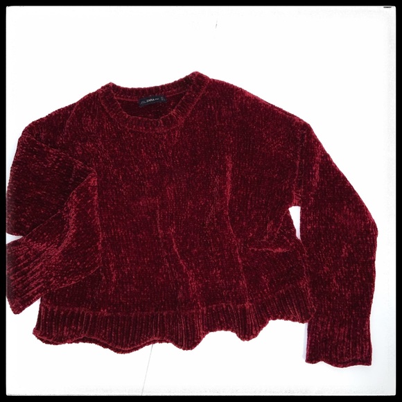 Zara Sweaters - ZARA Chenille Oversized Red Sweater scallop hem S